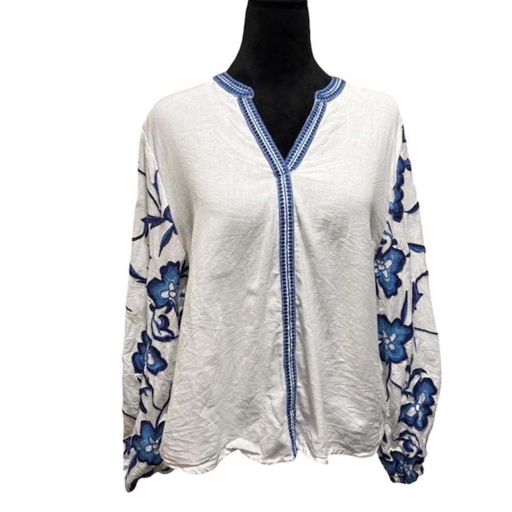 Calypso St Barth Blouse Womens M White Blue Floral Embroidered‎ Linen